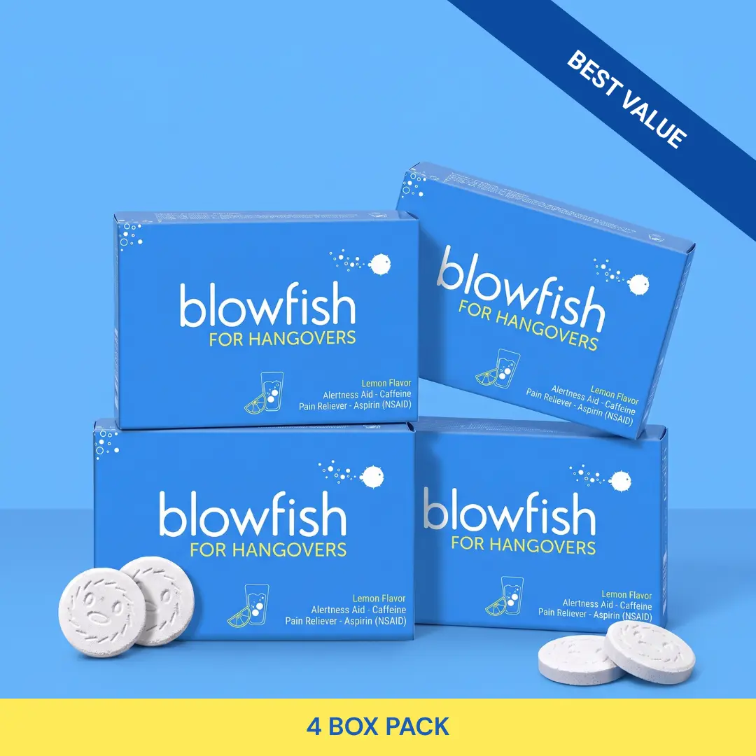 Blowfish Four Box Bundle | 4 Boxes of 12 Envelopes for Hangovers | Hydrates, Relieves Headache, and Boosts Energy in One Step | Perfect for Travel