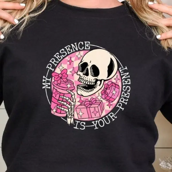 My Presence is Your Present Pink Christmas Sweater, Skeleton Christmas Sweater, Morbid Christmas Sweater, Dark Christmas Sweater, Christmas 2024 Sweaters, Ugly Christmas Sweater, Christmas Shirt