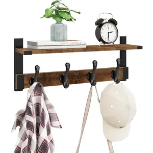Coat Rack Wall Mount with Shelf,  Wall Hooks with Shelf, Heavy Duty Entryway Shelf with Hooks with 4 Metal Hangers for Hanging Key Towel Hat Purse, Bathroom Bedroom, Rustic Brown Black