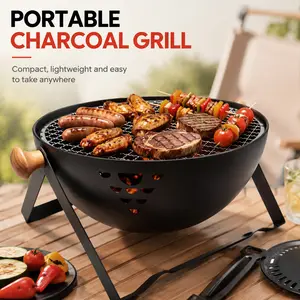 Minimalist Tabletop Charcoal BBQ Grill, Portable Nesting Mini Grill w/ 36 Vents for Quick Backyard Steak & Skewers