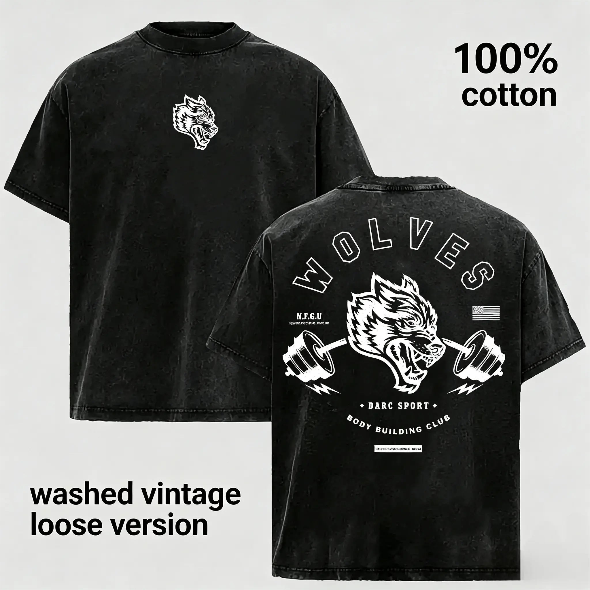 Men's Vintage Washed Heavyweight Thick Cotton Crewneck Top - Unisex Oversized Menswear, Retro Classic Wolves & Barbell Double-Sided Graphic Fabric, Small Casual Streetwear for Gym Lovers