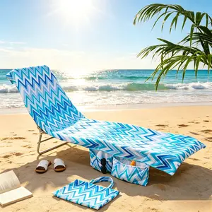 Blue Chevron Print Beach Chair Cover with Side Pockets & Matching Tote Bag, Quick Dry Polyester Lounge Chair Towel, Non-Slip Sun Lounger Protector for Pool, Beach & Summer Vacation