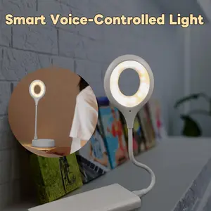 USB voice-controlled light,white,suitable for bedside reading,soft night light,360° flexible gooseneck lamp arm,intelligent voice activation,can be used in bedrooms,offices and studies.