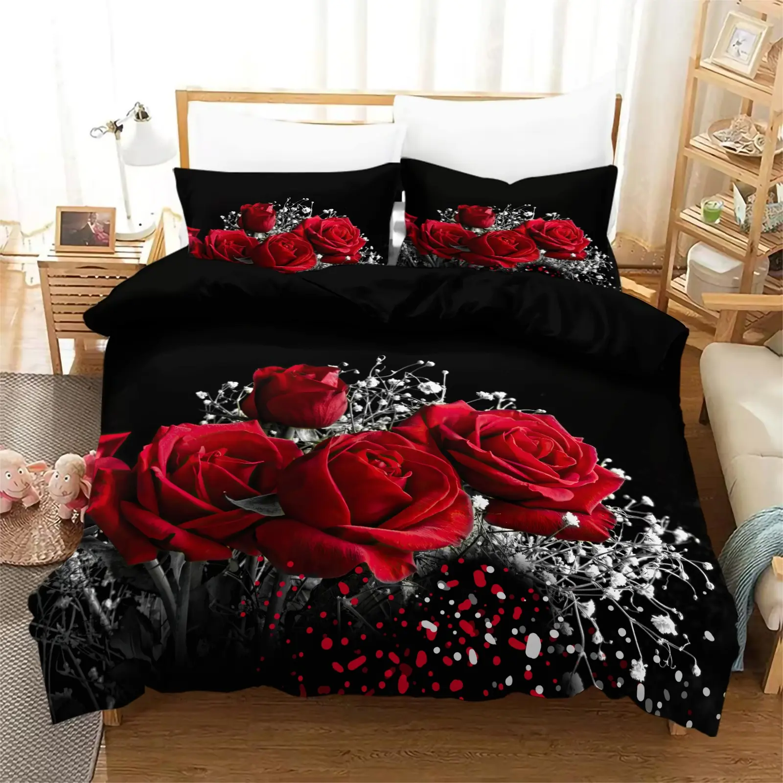 Valentine's Day Rose Print Bedding Set, Includes 3 Pieces, 1 Fitted Sheet and 2 Pillowcases, Soft and Comfortable Home Bedroom Essentials, Soft Bedding Sets, Polyester Bed Set, Bed Sheets Set, Bed Sets Supplies