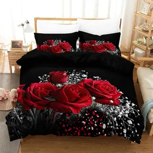 Valentine's Day Rose Print Bedding Set, Includes 3 Pieces, 1 Fitted Sheet and 2 Pillowcases, Soft and Comfortable Home Bedroom Essentials, Soft Bedding Sets, Bed Sheets Set