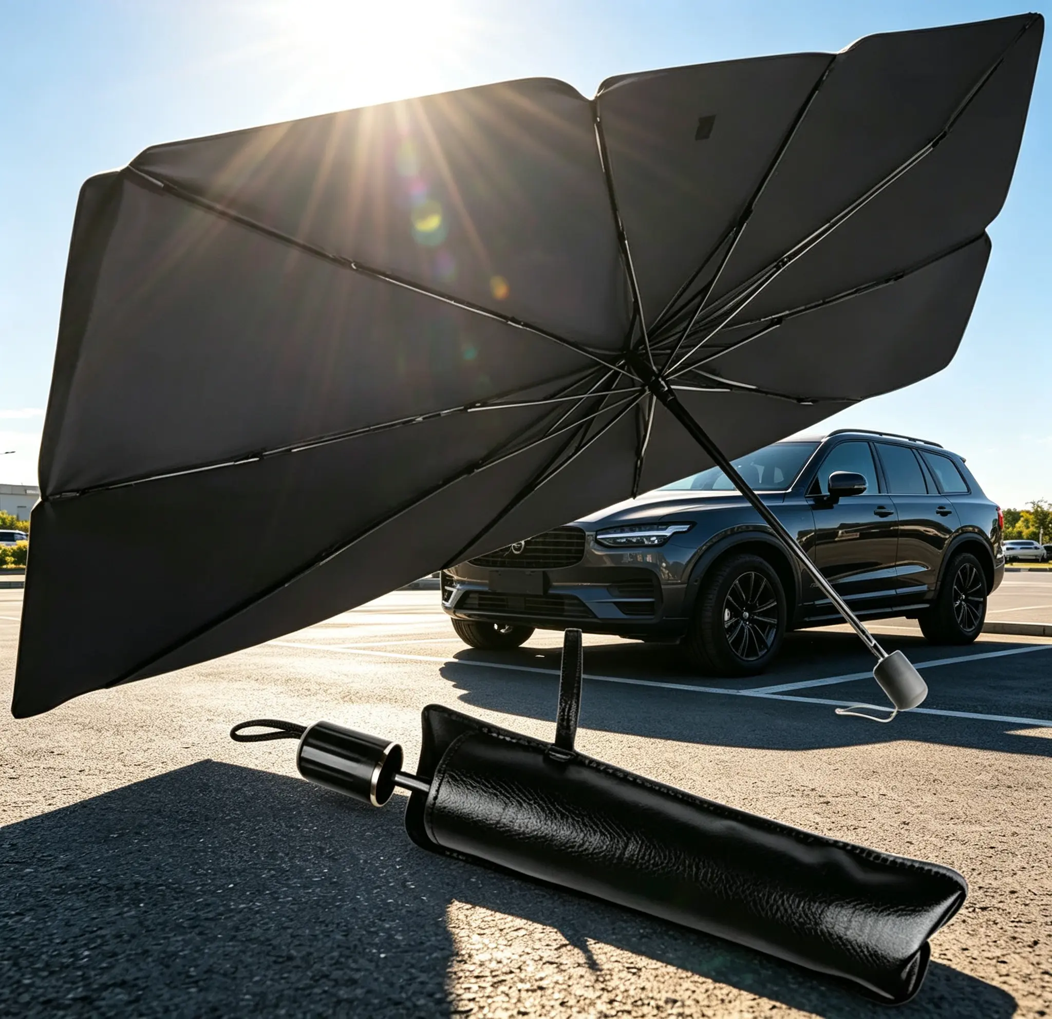 Car Windshield Sun Shade Umbrella - 2026 Upgrade Durable Polyester Cover, Foldable Retractable, Titanium Silver Coating, Heat Insulation UV Protection Visor, Portable Universal Auto Accessory for Sedans/SUVs/Trucks