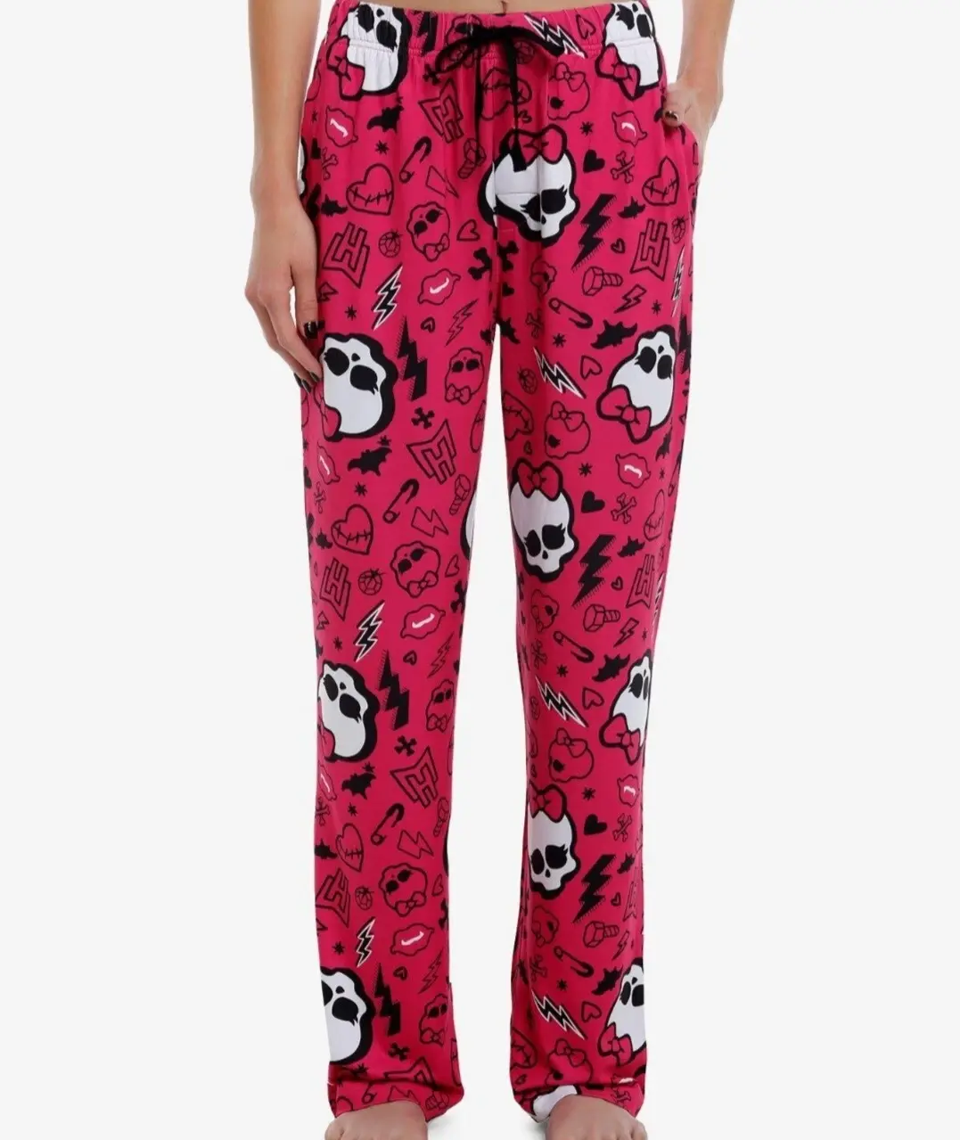 Pink Cute Monster Pajama Pants – Gothic Skull Print Lounge Sleepwear for Women, Soft Cozy Casual Homewear