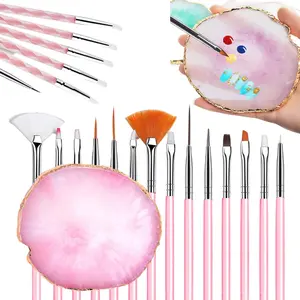 21Pcs Nail Art Brushes Set, Multi-Functional DIY Manicure Tool Kit with Resin Mixing Palette, Dual-ended Silicone Carving Pens and Dotting Tools, Professional Nail Painting Accessories for Home and Salon Use, Pink