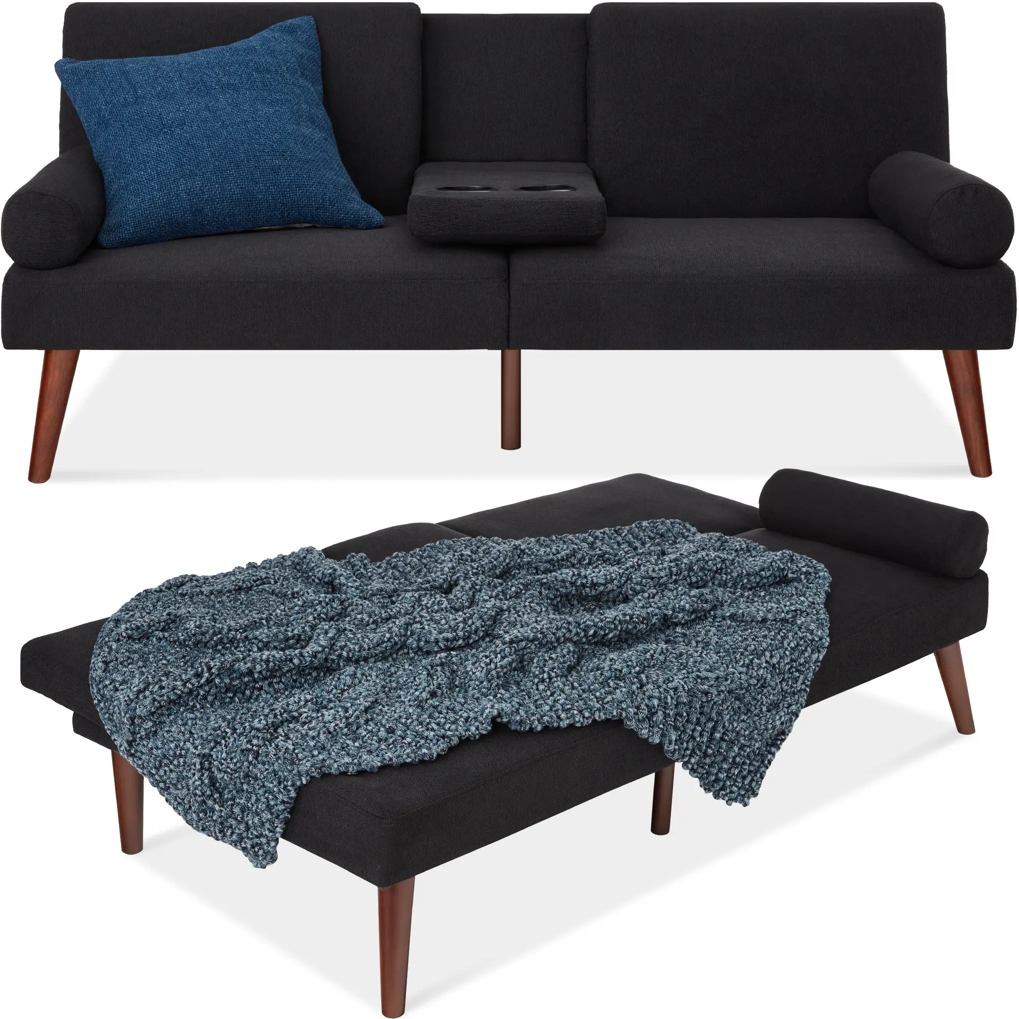 Best Choice Products Fabric Upholstered Convertible Futon w/ Rounded Armrests, Wooden Legs, 2 Cupholders Best Choice Products Fabric Upholstered Convertible Futon w/ Rounded Armrests, Wooden Legs, 2 Cupholders
