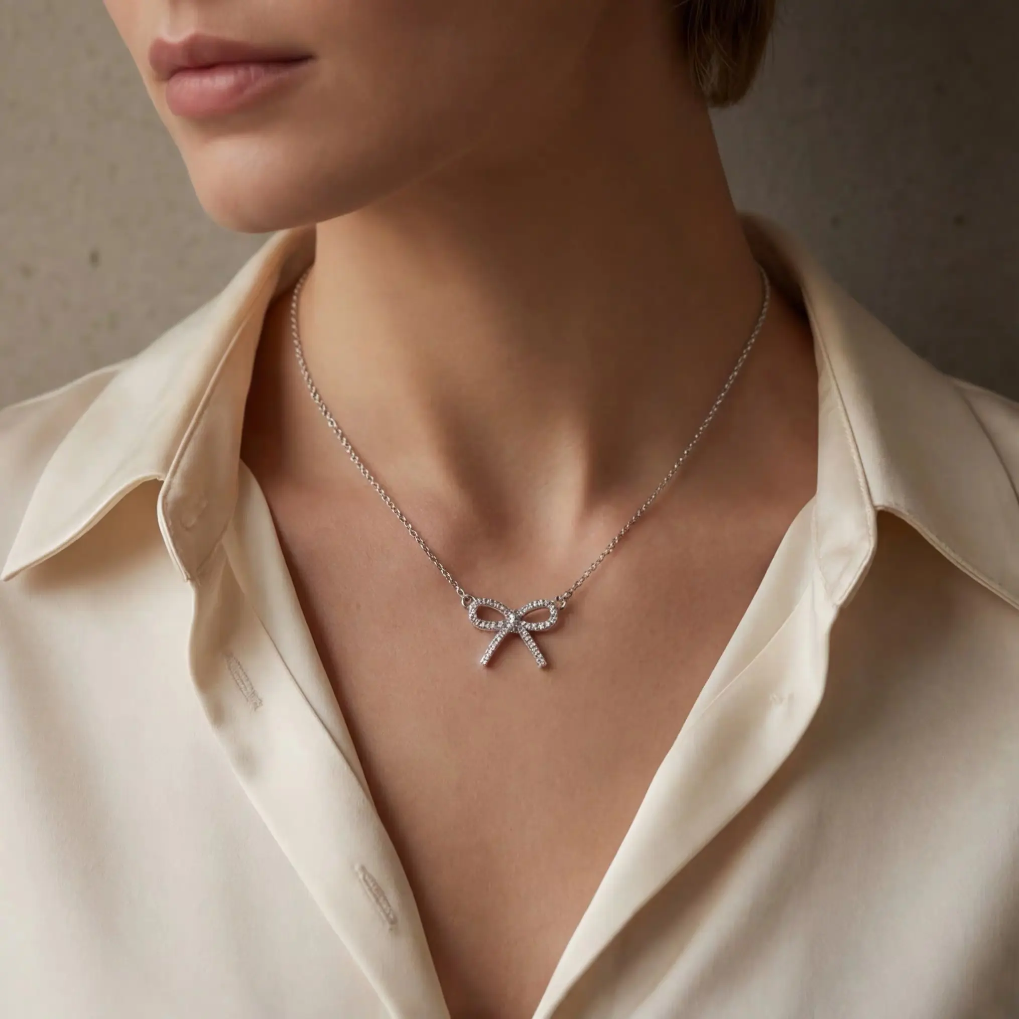 Elegant Bow Pendant Necklace for Women in Silver-Tone Alloy, Lightweight with Diamond Accents and a Bling Effect for an Anniversary, Diamond Accents Design, Wonderful Necklace, Accessory Necklace