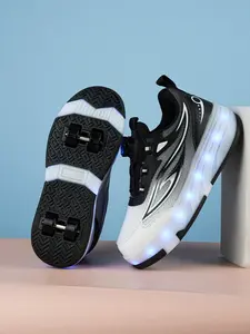 Unisex Beginner Skate Shoes, Waterproof Leather Rotating Buckle, Durable Anti-Slip Four-Wheel Roller Skates, USB Charging Light Shoe