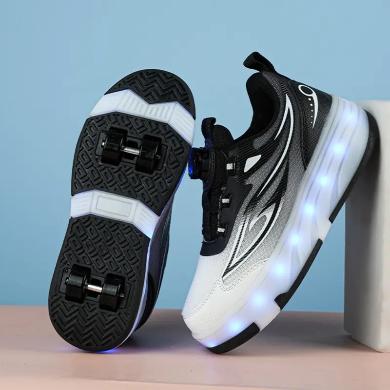 Unisex Beginner Skate Shoes, Waterproof Leather Rotating Buckle, Durable Anti-Slip Four-Wheel Multifunctional Roller Skates, USB Charging Light Shoe, Adjustable Roller Skates, Skating Shoes, PU Leather Rollerskates
