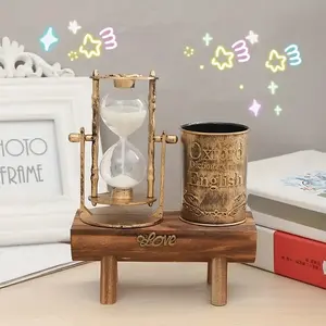 Vintage Oxford Timer Desk Decor with Pencil Holder & Timer, Polished Metal, Starry Accents, Love Inscription, Office Organization, Gift, Desk Organizer