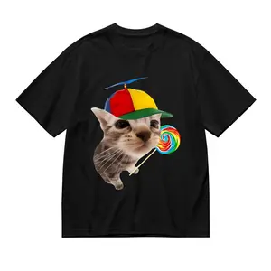 Cute Cat with Propeller Hat & Lollipop T-Shirt, Funny Kidcore Aesthetic Graphic Tee, Casual Cotton Top For Animal Lovers