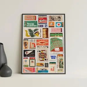 Artistic Vintage Matchbox Graphic Print Unframed Wall Art - Retro-Funky Red Aesthetic Luster Paper Photo Decor, Home Decoration for Apartments