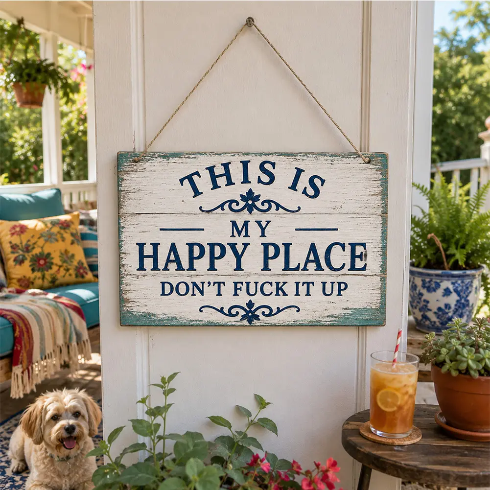 This Is My Happy Place Wooden Hanging Sign | Don’t Fuck It Up Funny Rustic Wall Decor | Patio Porch Garden Backyard Home Bar Plaque | Outdoor Humor Gift | Palette&Wall | summervibes