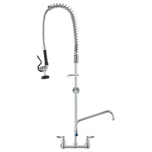 VEVOR Wall-Mounted Kitchen Faucet,  47" Tall, 8" Apart, with 12" Rotating Spout and Pre-Rinse Spray, Brass Build, Pull-Down Feature for Multi-Compartment Sinks