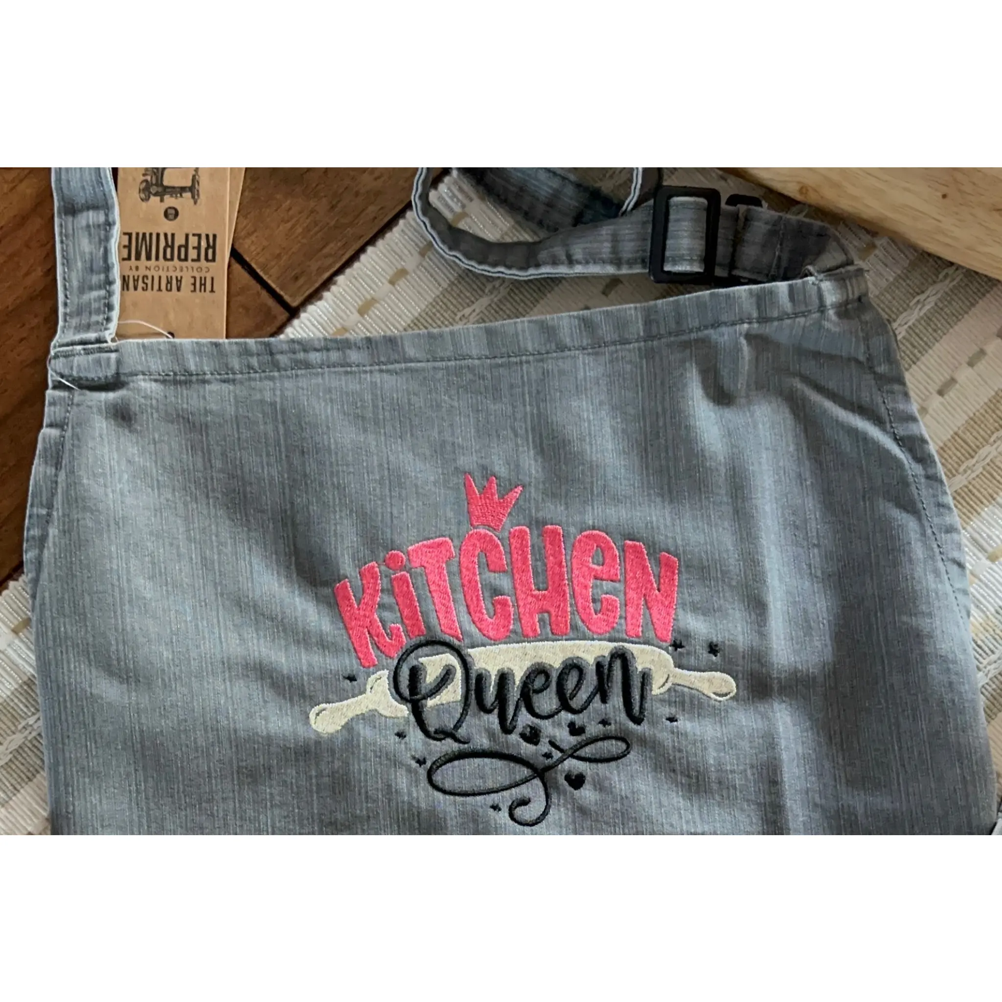 Gray denim Embroidered apron, Kitchen Queen embroidered apron for her, Apron gift for a woman, Mother's Day gift, unique Mother's Day gift
