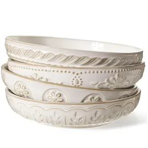 Artena Artisan Textured Ceramic Pasta Bowls Set of 4 - 9.75" Large 50oz Salad & Serving Plates - Microwave Safe Chip-Resistant Dinnerware with Unique Embossment Designs Multiple Patterns - Saladbowl Tableware