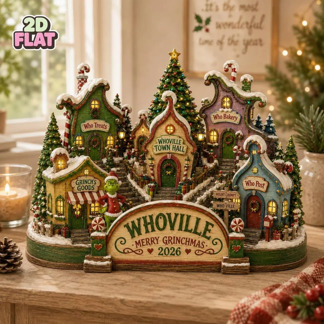 Grinch Whoville Christmas Village Decor, Merry Grinchmas Wooden Block Decor, Christmas Gift