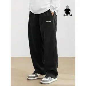 Men's Plus Size Letter-Patched Corduroy Sweatpants - Drawstring Waist, Casual Loose Fit, Pocket Joggers for Spring & Fall, Daily Wear Fashion Bottoms