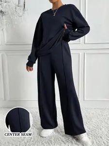 Women's Two-Piece Set, Pure Color Off-Shoulder Sweatshirt & Elastic Waist Pants, Casual Comfortable Breathable Spring Fall Winter