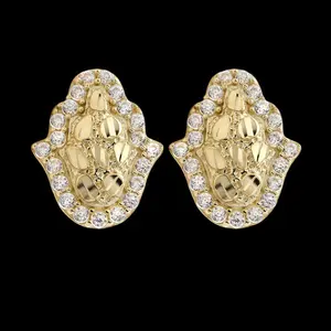 MaxBling81 14K Gold-Plated Brass Gold Nugget Hamsa Hand Stud Earrings, 12mm x 12mm Cubic Zirconia, Unisex Jewelry for Men & Women, Nugget Earrings