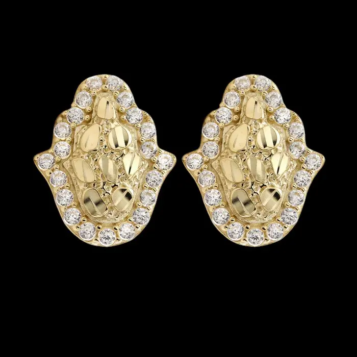 MaxBling81 14K Gold-Plated Brass Gold Nugget Hamsa Hand Stud Earrings, 12mm x 12mm Cubic Zirconia, Unisex Jewelry for Men & Women, Nugget Earrings