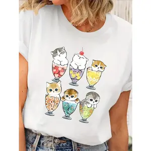 Women's Cute Japanese Anime Cat & Ramen Graphic T-Shirt - Kawaii Japanese Food Print Short Sleeve Crew Neck Summer Top with Cute Chibi Characters, Casual Spring & Summer Outfits, Machine Washable Anime Apparel, Playful Cartoon Print with Colorful Ramen