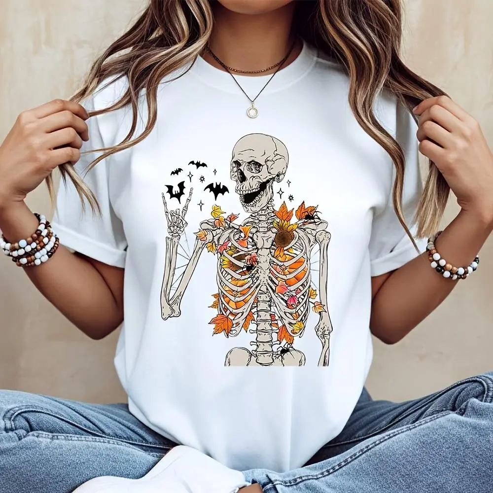 Skeleton With Autumn Leaves And Bats Graphic T-Shirt, Halloween Fall Season Casual Wear, Party Costume Top