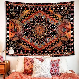 1 PC Bohemian-style printed tapestry + installation package included, geometric mandala, retro warm color tones, orange sun and moon tapestry, independent hippie mandala cool tapestry, bedroom, living room, dormitory aesthetic tapestry