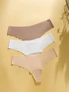 Women's 3pcs Solid Seamless Thong, Basic Comfy Fit Breathable Plain Panties for Daily Wear, Underwear for All Seasons, Soft Stylish Brief, Seamless Panties Set