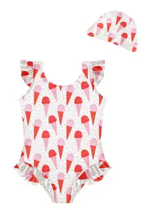 ✨Fresh Macaron Style Kids Swimsuit, Two-Color Ice Cream Print Ruffle Sleeve, Perfect for Pool & Beach Fun