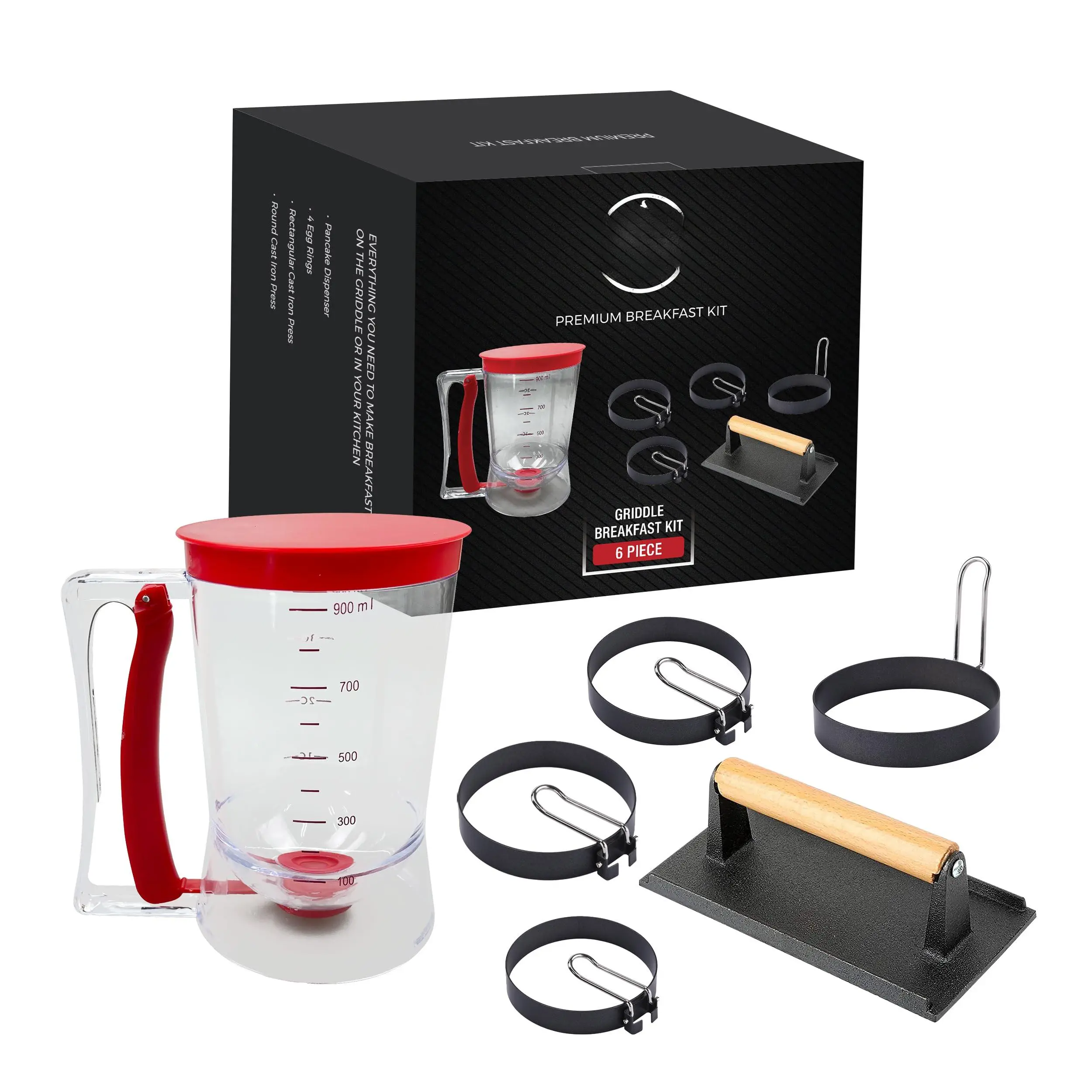 Griller's Choice Griddle Breakfast Kit - Pancake Batter Dispenser  Bacon Press Egg Rings For Family Morning Chefs Cooks And Lovers Ultimate Set