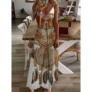 Women's Long Spaghetti Strap Tribal Pattern Dress