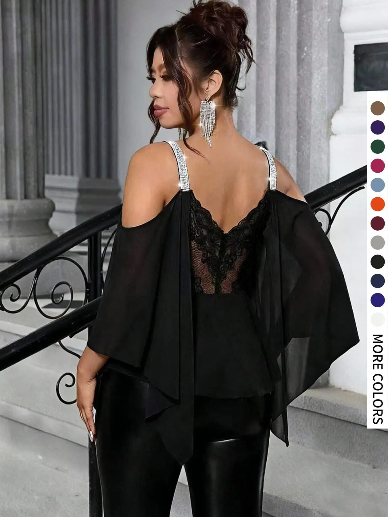 Women's Plus Size Chiffon Asymmetrical Shirt Blouse, Silver Color Straps, Elegant Lace Trim, Casual Loose-Fit, Daily Wear