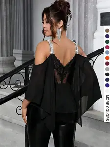 Women's Plus Size Chiffon Asymmetrical Shirt, Silver Color Straps, Elegant Lace Trim, Casual Loose-Fit, Daily Wear