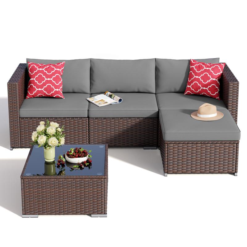 Gizoon 5 Pieces Patio Furniture Set All Weather Outdoor Wicker Sectional Patio Furniture with Cushion and Glass Table