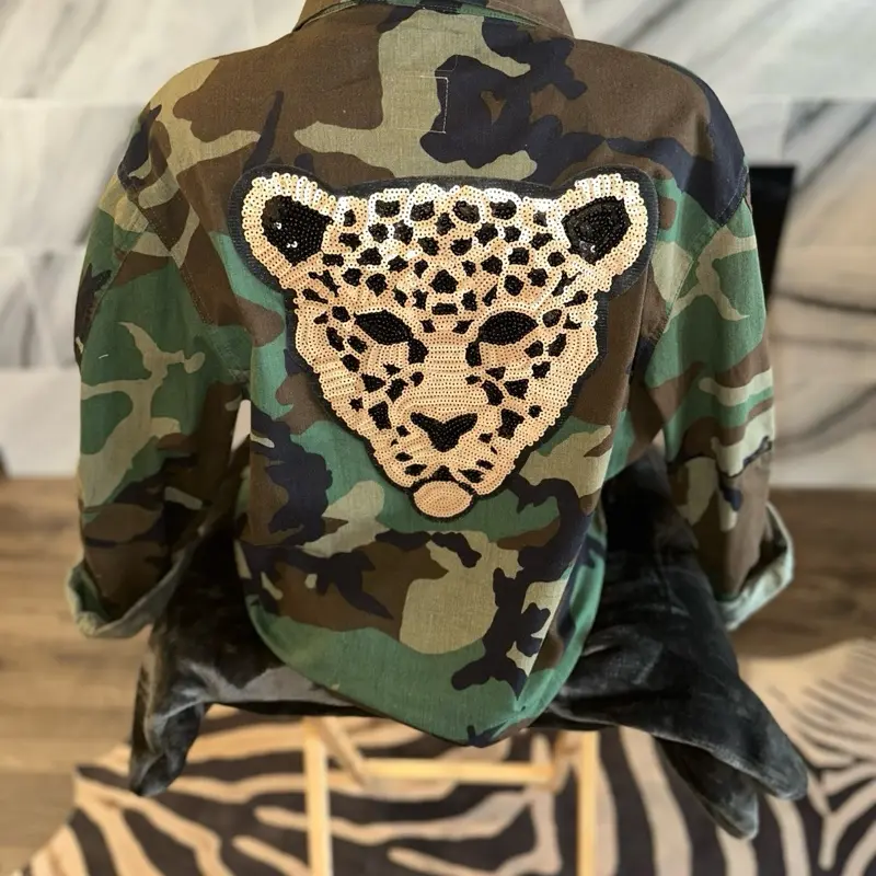 Cozi Made Me Do It Handcrafted Full Length Camo Jean Jacket with Black & Tan Leopard Sequin Patchwork Unique One of a Kind Design X-Large
