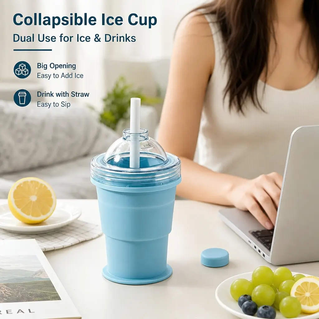 1 Count, Foldable Silicone Ice Ball Straw Cup, Food Grade, Leak Proof, Portable for Travel, Camping, Car and Daily Cold Beverage Use