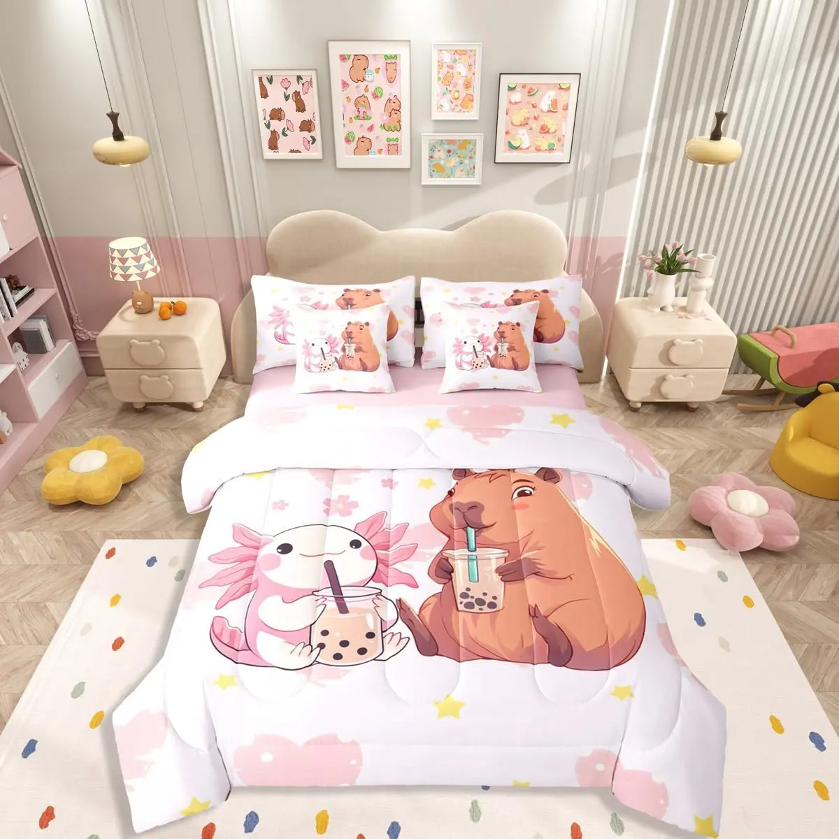 Capybara Axolotl Comforter Set with Sheets 7 Piece Cute Salamander Capybara Bed in A Bag Milk Tea Stars Love Heart Bedding Sets Adults,Pink Floral Animal Print Bed Set