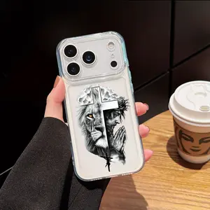 Jesus Cross Religious Faith Lion Pattern Phone Case, compatible with iPhone 11, 12, 13, 14, 15, 16, 17 Pro Max & 17 Air, Galaxy S21, S22, S23, S24 Plus & Ultra. Clear soft TPU shockproof protective cover.