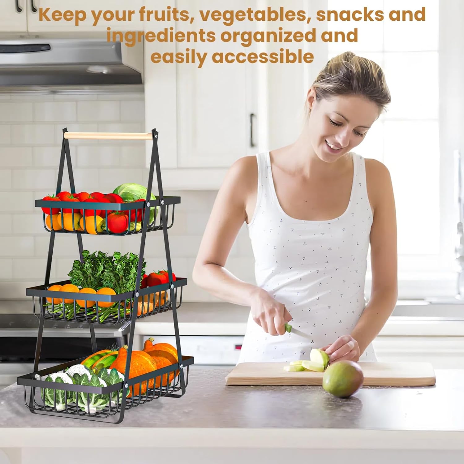 1PC 3-Tier Removable Metal Wire Storage Basket with Wooden Handle, Foldable Tiered Organizer, Breathable Rack for Fruit Vegetable Snack, Modern Kitchen Countertop Organizer for Dining Table Home