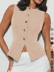 Women's Solid Color Button Front Suit Vest, Elegant Fashion Casual Sleeveless Blazer Vest for Work Office Business, Ladies Spring & Fall Clothes, Minimalist Womenswear, Formal Workwear, Apricot Color