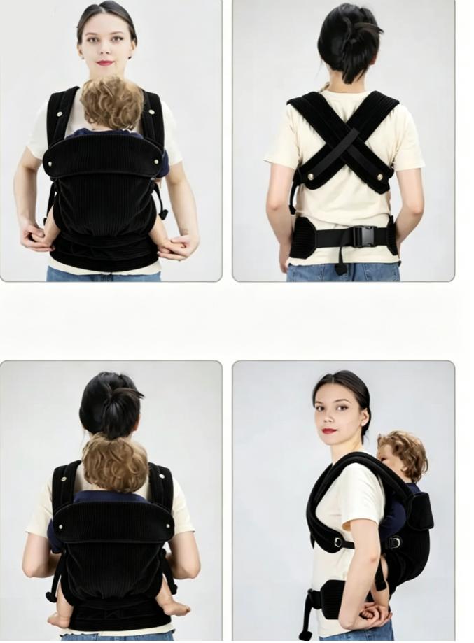 Ergonomic black corduroy baby carrier, lightweight & hands-free design. Fits infants & toddlers 7–44 lbs (3–20kg). Great for outdoor strolls, travel trips, ideal baby shower gift for new parents.