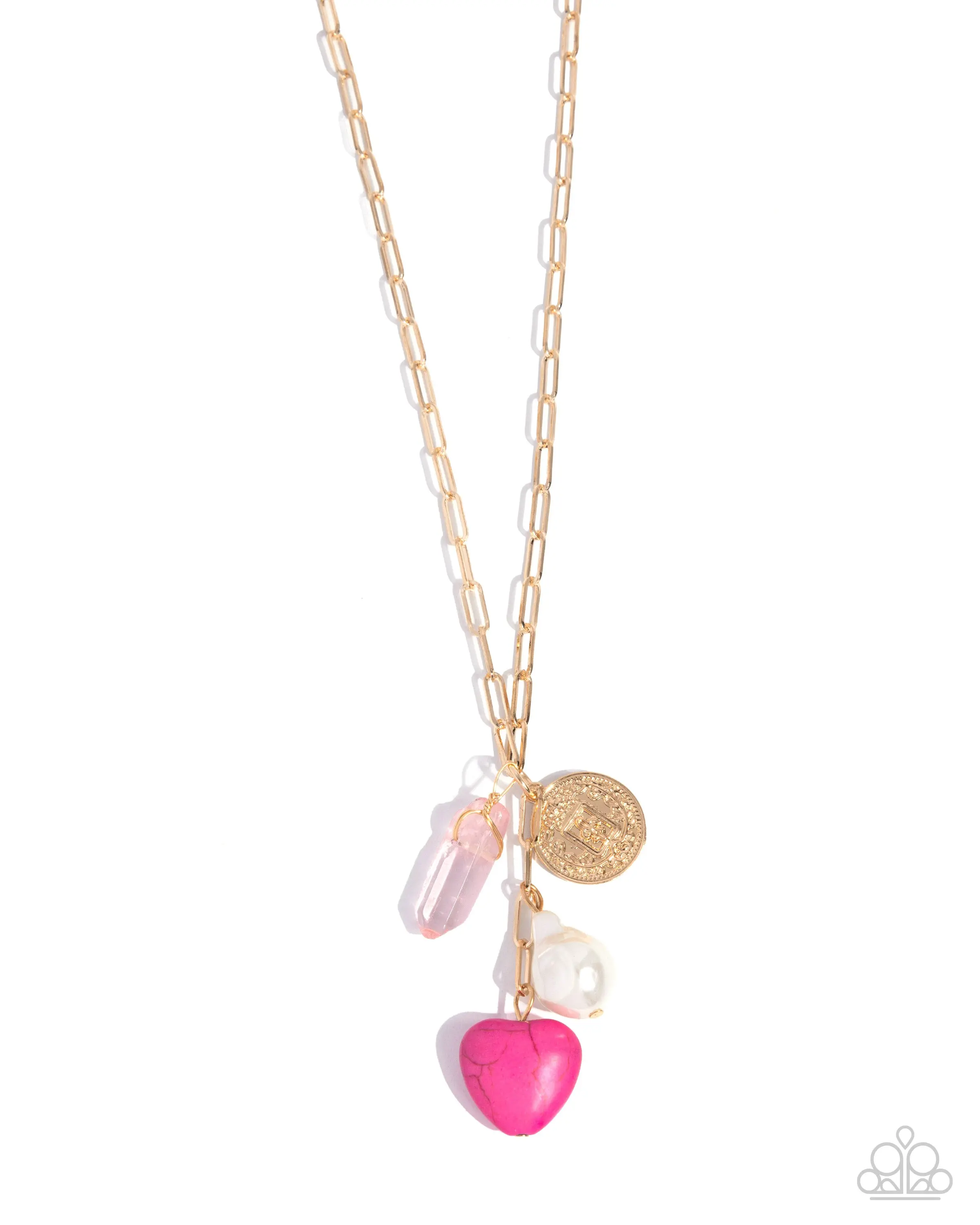 Eclectic Eden - Pink Stone Heart Charm Gold Long Necklace - Paparazzi