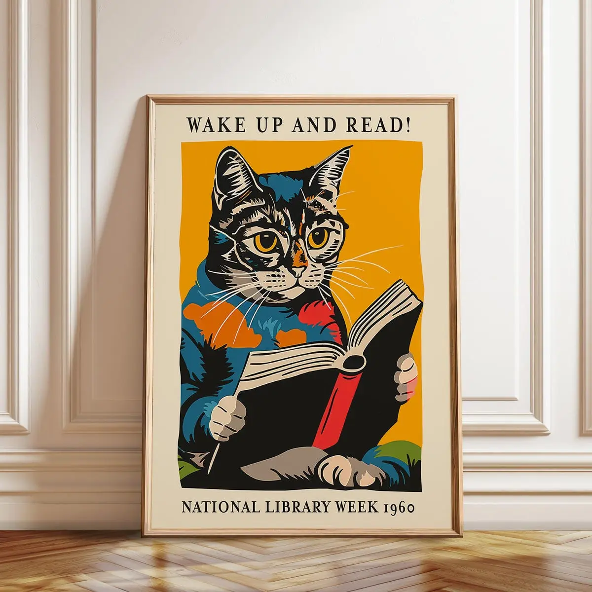 Cat Reading Poster - Wake up And Readi - National Library Week 1960 Wall Art Print Unframed, Room Decor