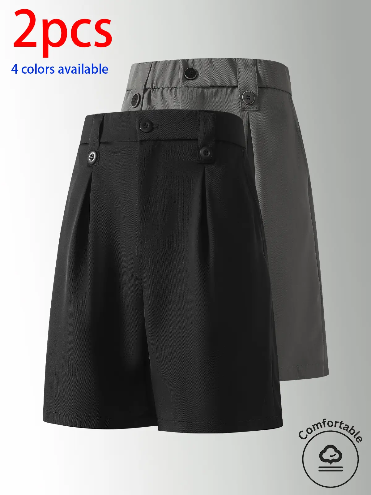 2-pack men’s suit shorts, men’s shorts, men’s mid-thigh shorts. Two-button pleated wide-leg mid-length shorts—elastic waistband that doesn’t squeeze, loose fit, available in four colors. Suitable for everyday wear, commuting, work, shopping, and relaxing