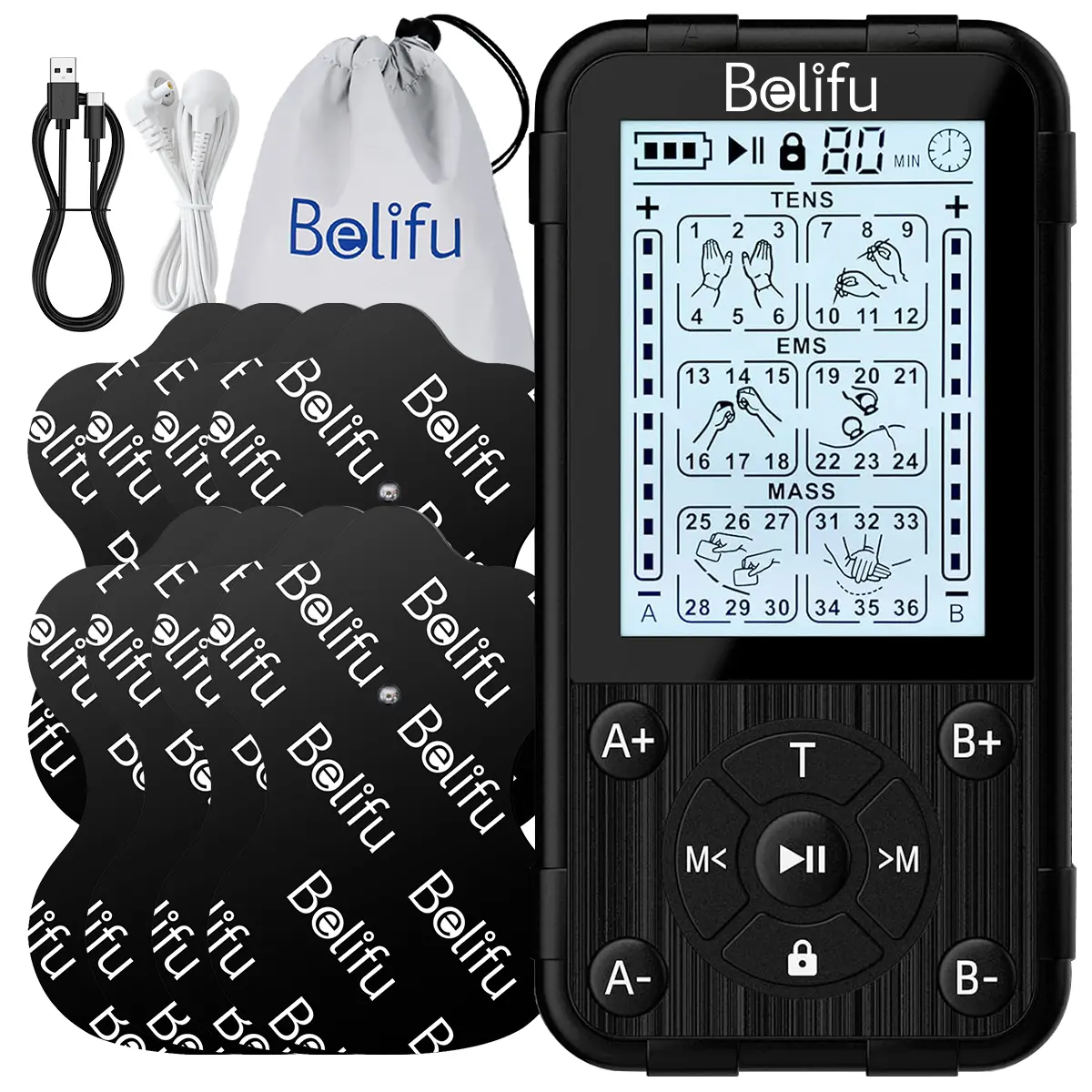 Belifu 3-in-1 TENS EMS Unit and Muscle Stimulator, 36-Mode Pulse Massager for Pain Relief Solutions with 10 Electrode Pads for Back, Neck, Knee, Abs, Batteries, Wrist, Electronic, Hip, Built-In Bat., 10 Pads, Full Body