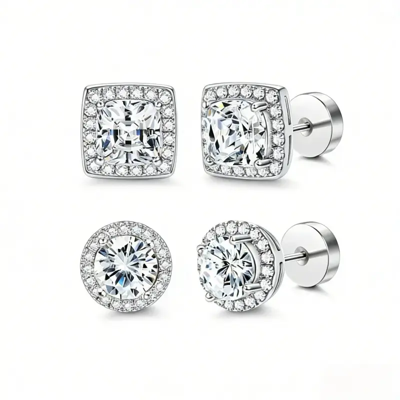 Women's Luxury 4-Piece Halo Zircon Stud Earring Set — Available in Gold/Silver Two-Tone and Round/Square Styles; Hypoallergenic Material — A Gift for Her; Includes Ear Backs and an Exquisite Jewelry Box — The Perfect Gift for Her.,summerwins,summeroutfits